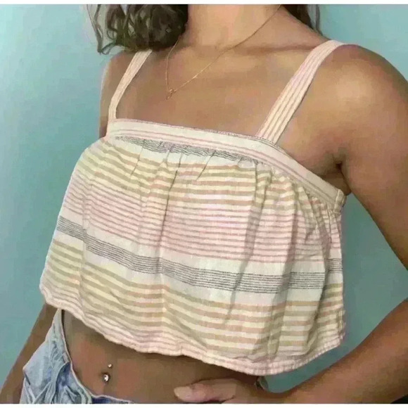 Kaisely Tops - Kaisely Women's Size MED Cropped 100% Cotton Striped Yellow Pink Straps